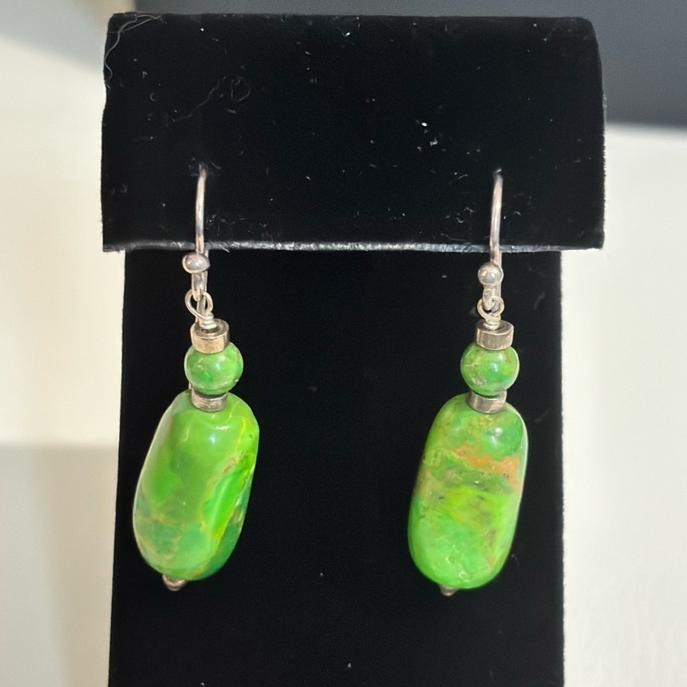 Green turquoise and sterling silver dangle pierced earrings # 179